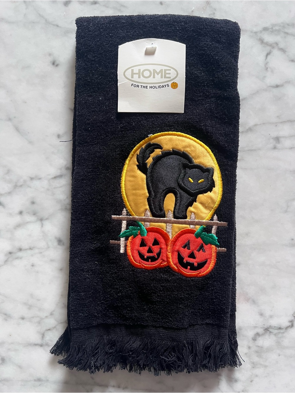 Vintage Target Halloween Hand Towel Black Scaredy Cat Full Moon and Pumpkins
